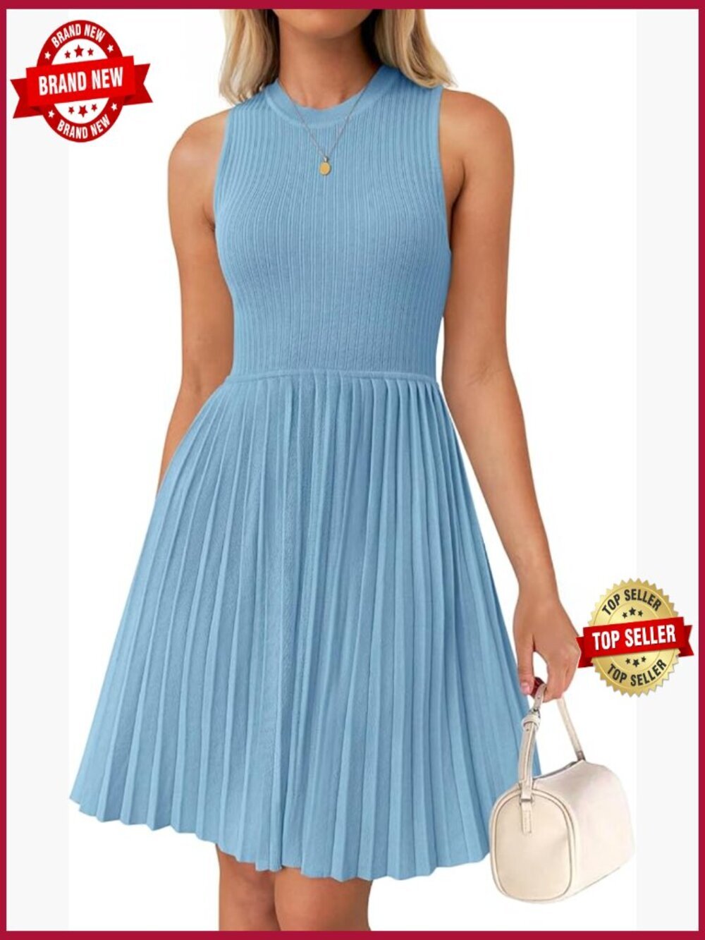 Sleeveless Crewneck Knit Pleated Mini Dress Summer A-Line Business Casual Work